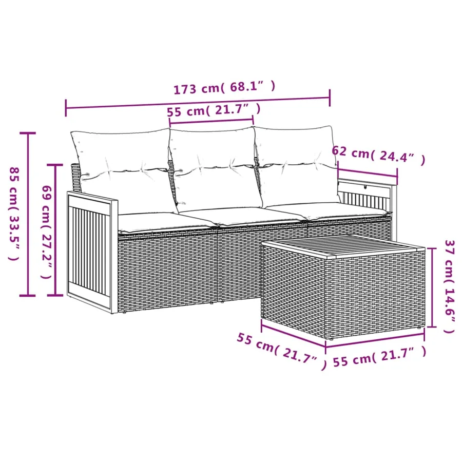 Salon de jardin 4 pcs avec coussins gris résine tressée - 7