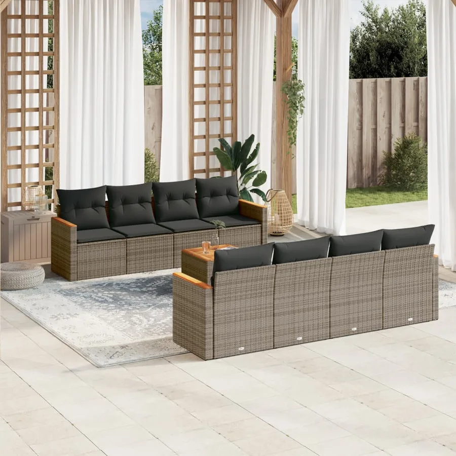 Salon de jardin 9 pcs avec coussins gris résine tressée - 2