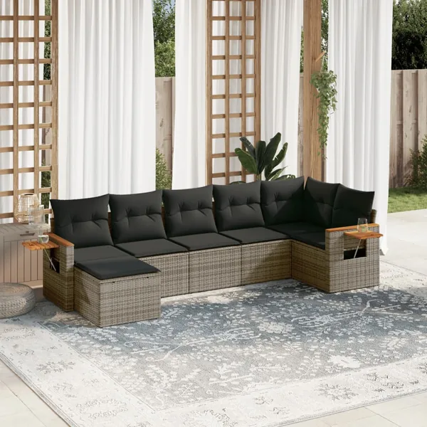 Salon de jardin avec coussins 7 pcs gris résine tressée