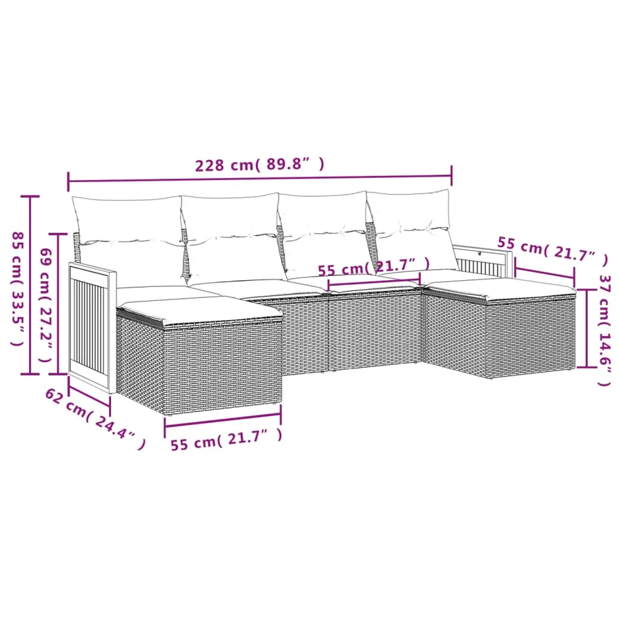 Salon de jardin 6 pcs avec coussins gris résine tressée - 7