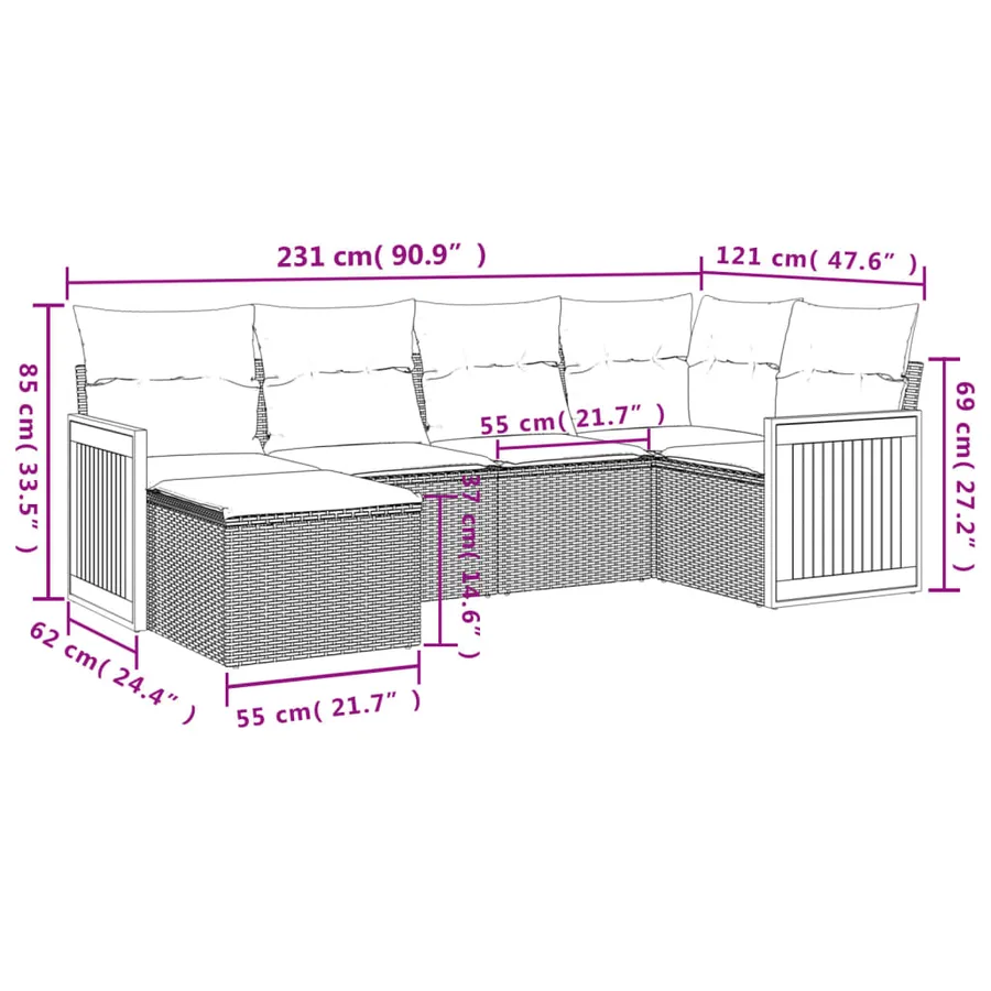 Salon de jardin 6 pcs avec coussins gris résine tressée - 8