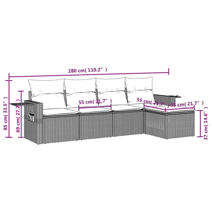 Salon de jardin 5 pcs avec coussins gris résine tressée - 8