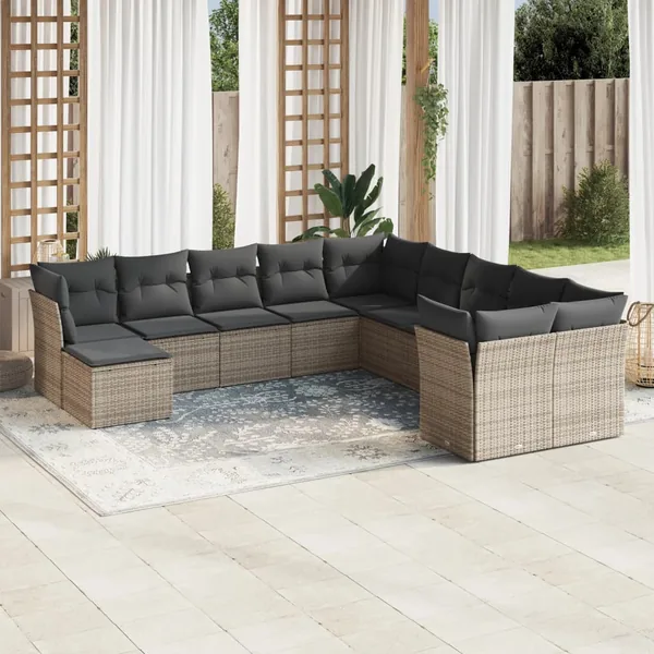 Salon de jardin 11 pcs avec coussins gris résine tressée