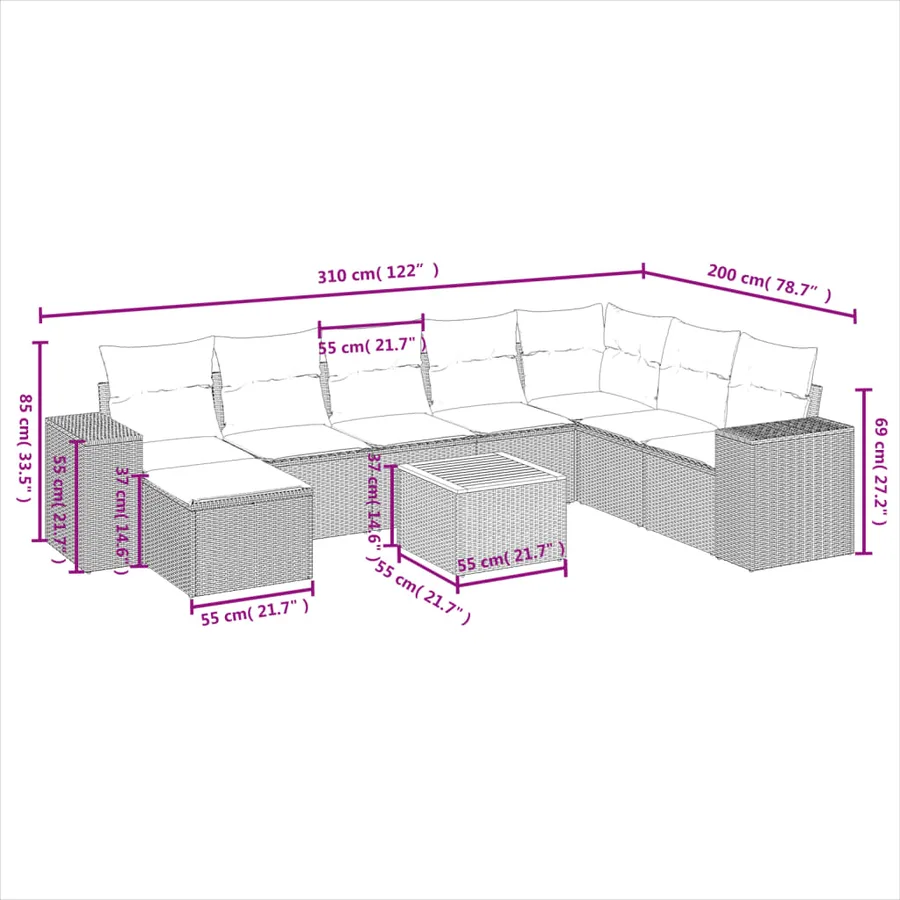 Salon de jardin 9 pcs avec coussins gris résine tressée - 9