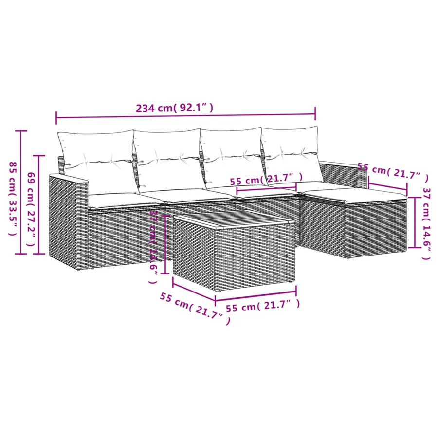 Salon de jardin 6 pcs avec coussins gris résine tressée - 8