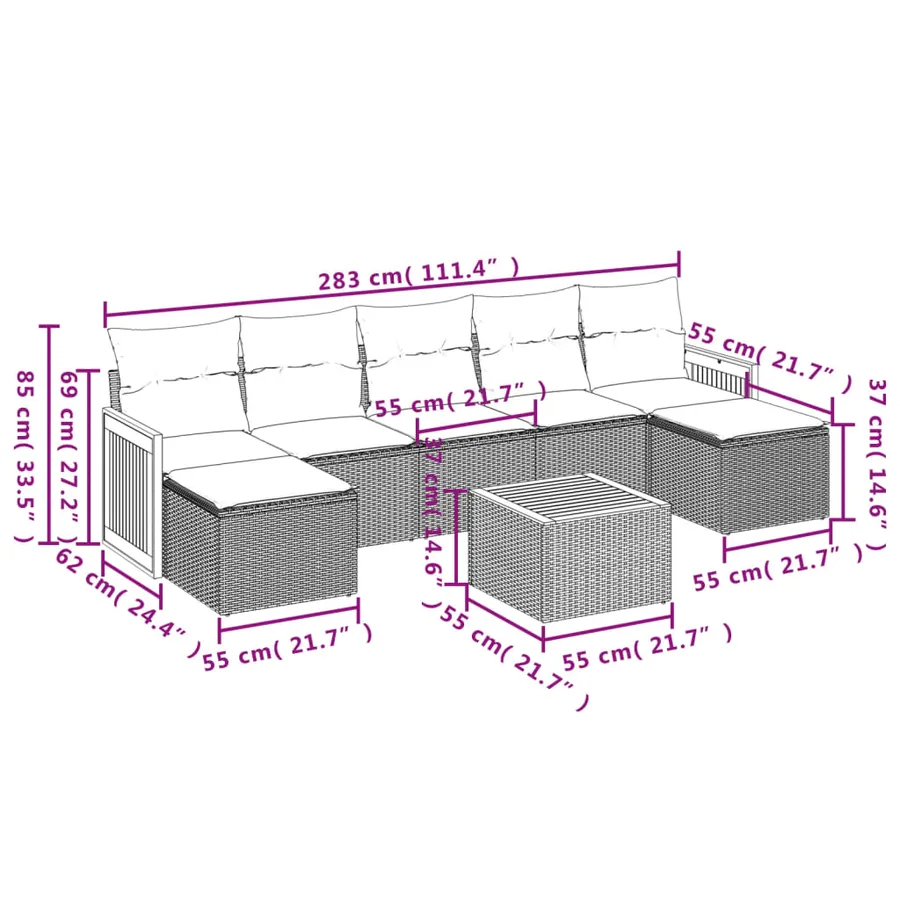 Salon de jardin 8 pcs avec coussins gris résine tressée - 3