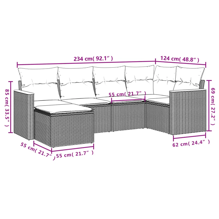 Salon de jardin 6 pcs avec coussins gris résine tressée - 8