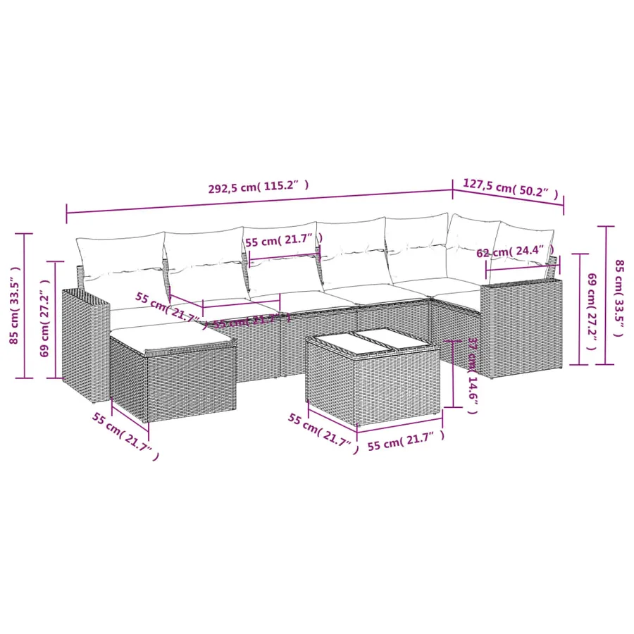 Salon de jardin 8 pcs avec coussins gris résine tressée - 3