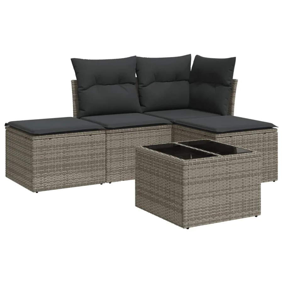 Salon de jardin 5 pcs avec coussins gris résine tressée - 2