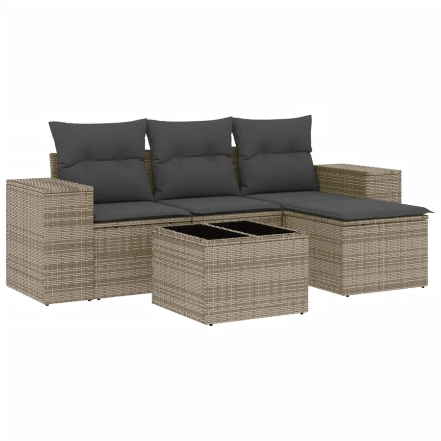 Salon de jardin 5 pcs avec coussins gris résine tressée - 2