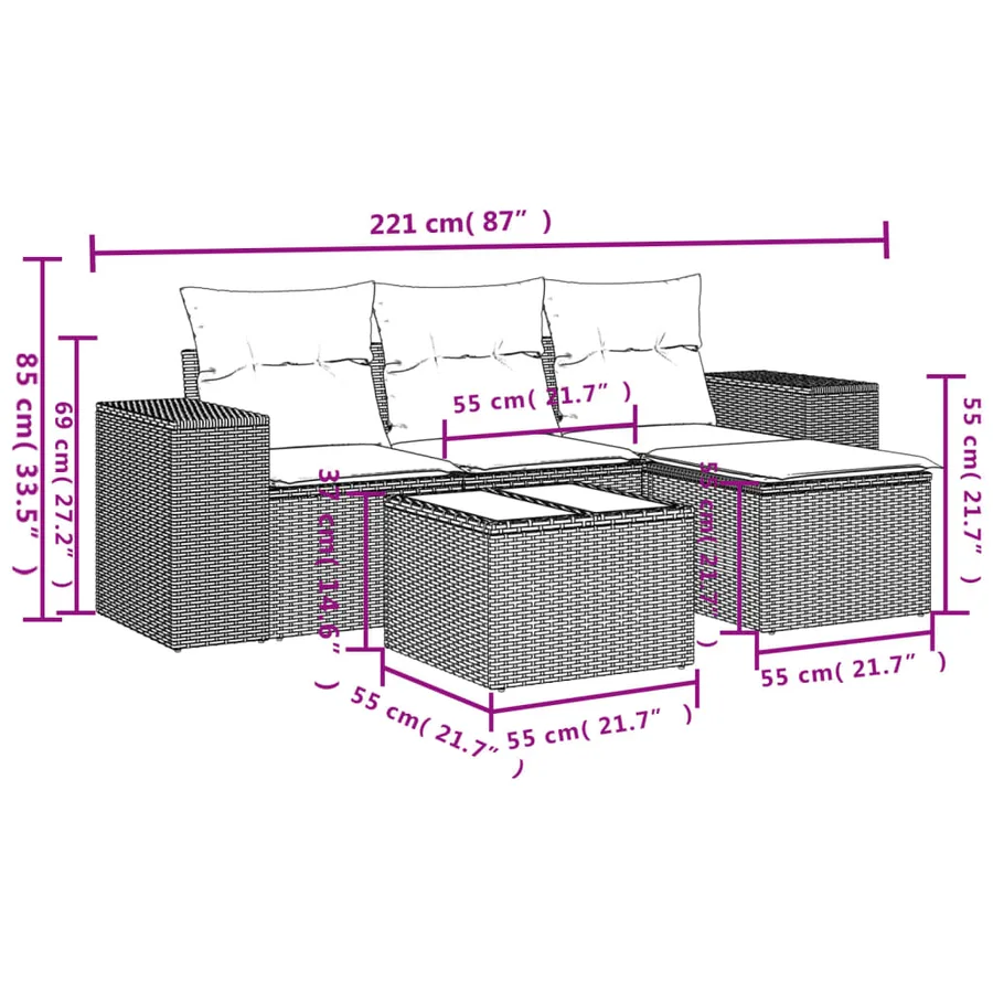 Salon de jardin 5 pcs avec coussins gris résine tressée - 8