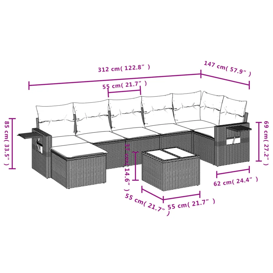 Salon de jardin 8 pcs avec coussins gris résine tressée - 9