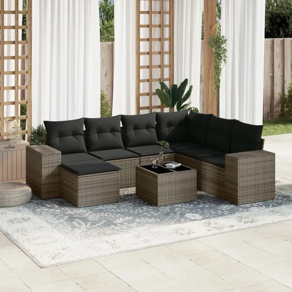 Salon de jardin 8 pcs avec coussins gris résine tressée