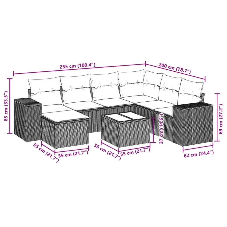Salon de jardin 8 pcs avec coussins gris résine tressée - 9