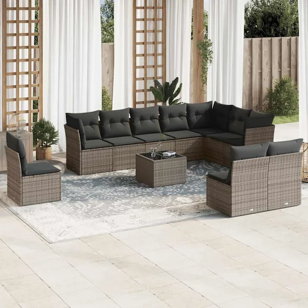 Salon de jardin 11 pcs avec coussins gris résine tressée