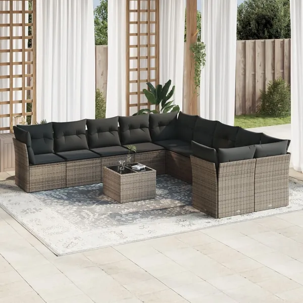 Salon de jardin 11 pcs avec coussins gris résine tressée