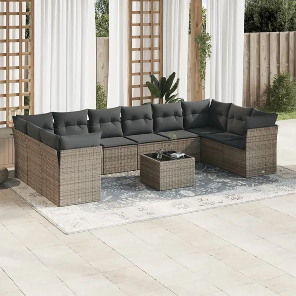 Salon de jardin 11 pcs avec coussins gris résine tressée