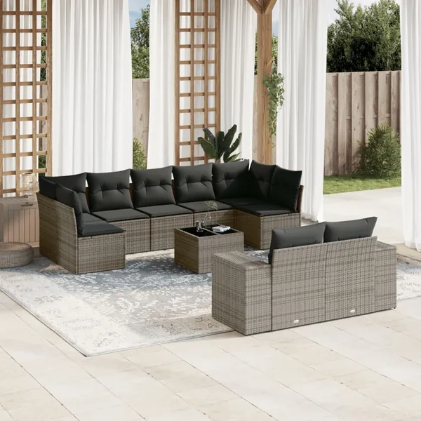 Salon de jardin avec coussins 10 pcs gris résine tressée