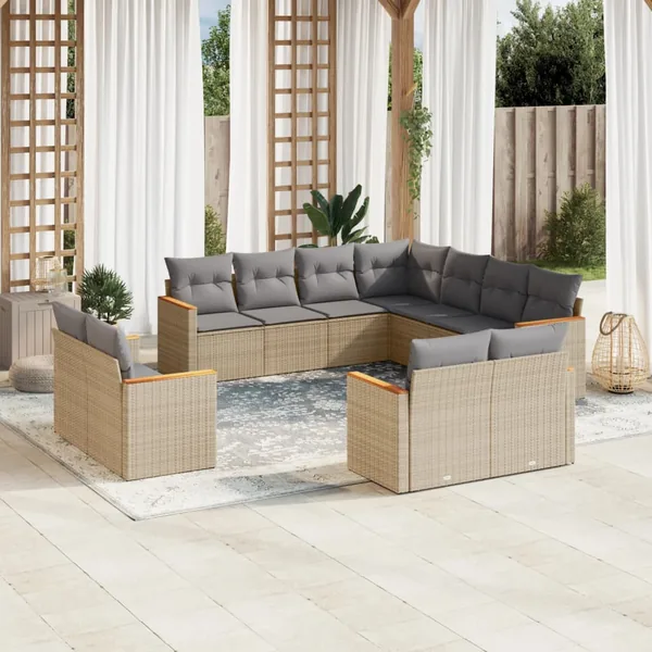 Salon de jardin 11 pcs avec coussins beige résine tressée