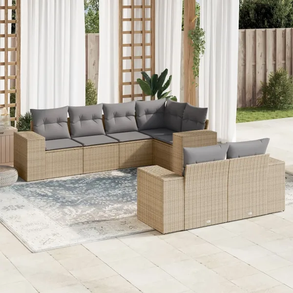 Salon de jardin avec coussins 7 pcs beige résine tressée