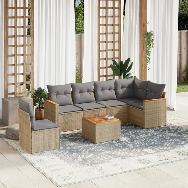 Salon de jardin avec coussins 7 pcs beige résine tressée