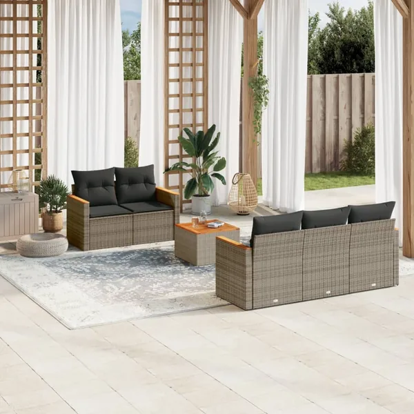 Salon de jardin 6 pcs avec coussins gris résine tressée