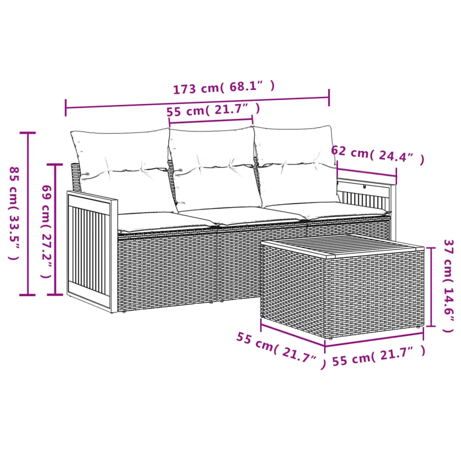 Salon de jardin 4 pcs avec coussins gris résine tressée - 3