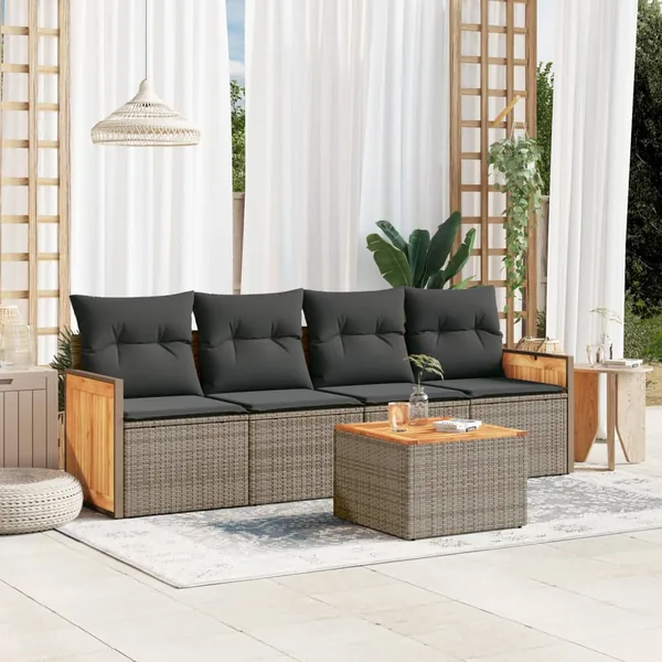 Salon de jardin 5 pcs avec coussins gris résine tressée