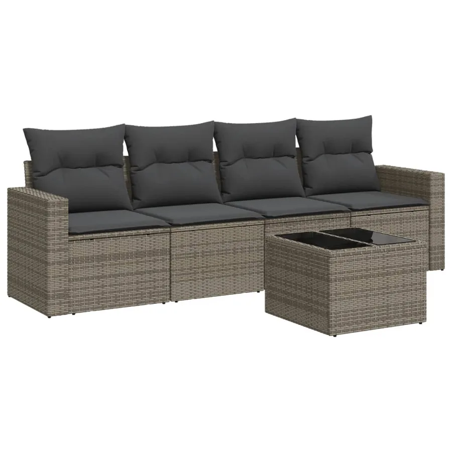 Salon de jardin 5 pcs avec coussins gris résine tressée - 2
