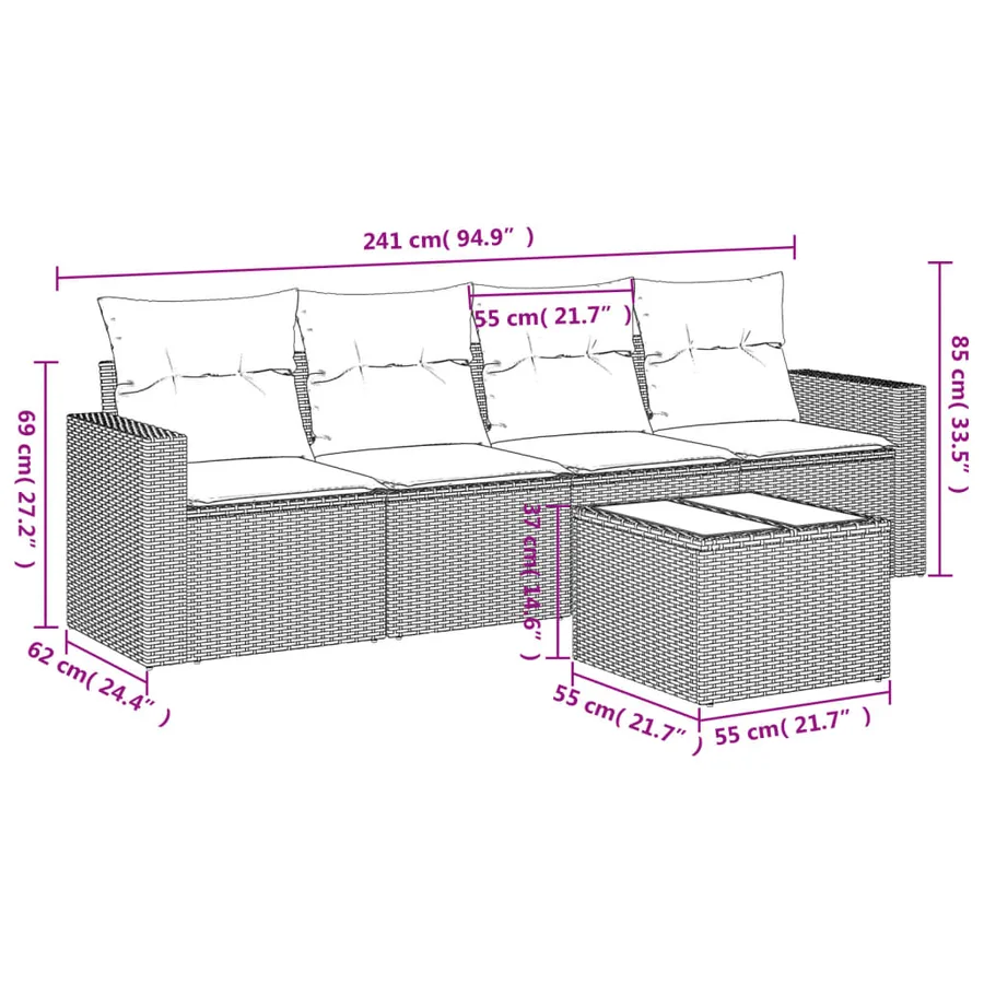 Salon de jardin 5 pcs avec coussins gris résine tressée - 3