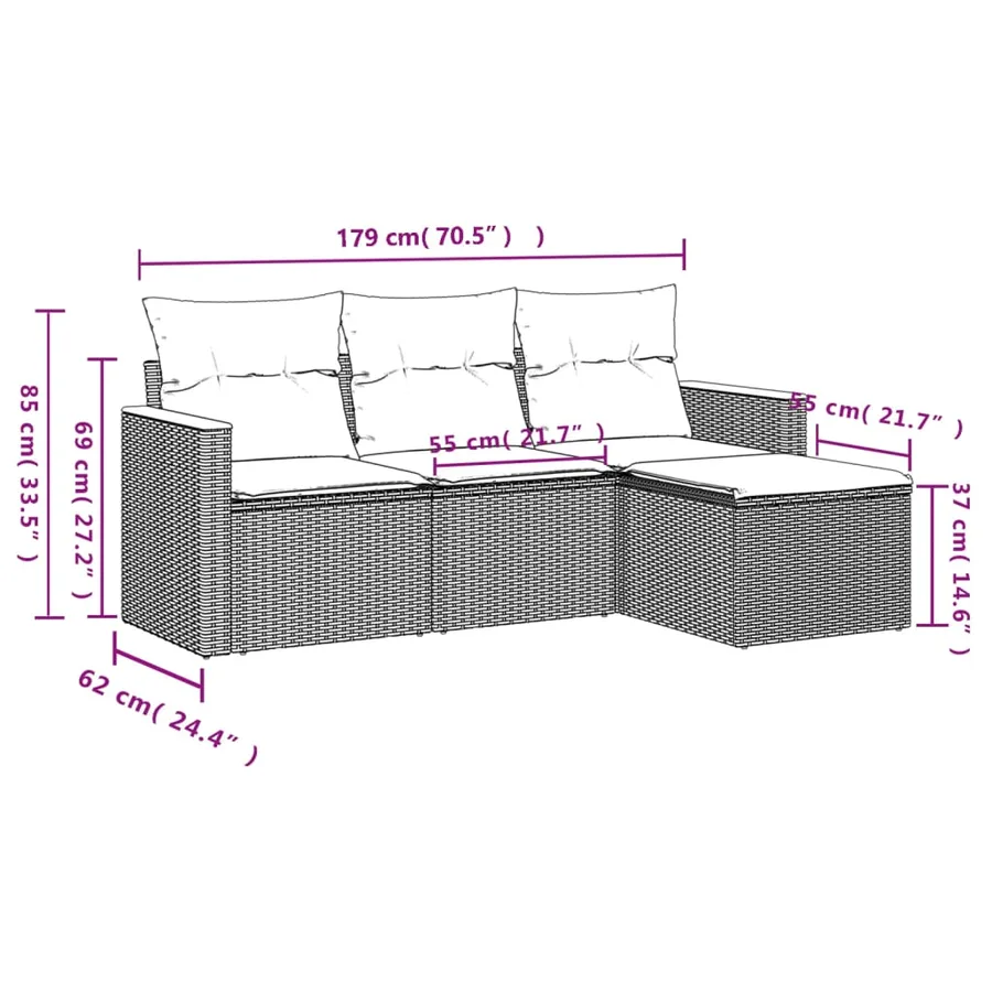 Salon de jardin 4 pcs avec coussins gris résine tressée - 3