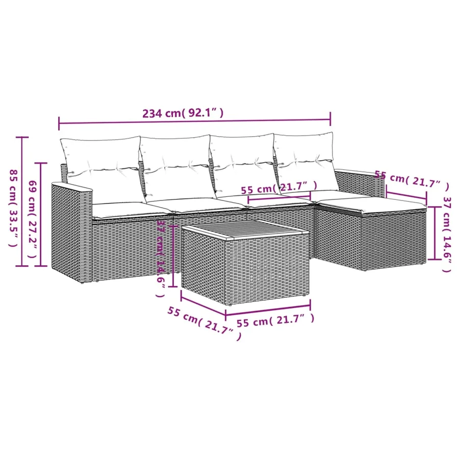 Salon de jardin 6 pcs avec coussins gris résine tressée - 3