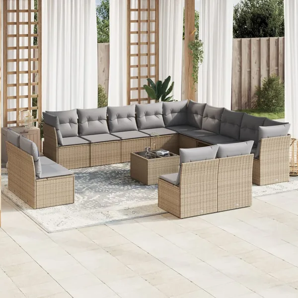 Salon de jardin avec coussins 14 pcs beige résine tressée