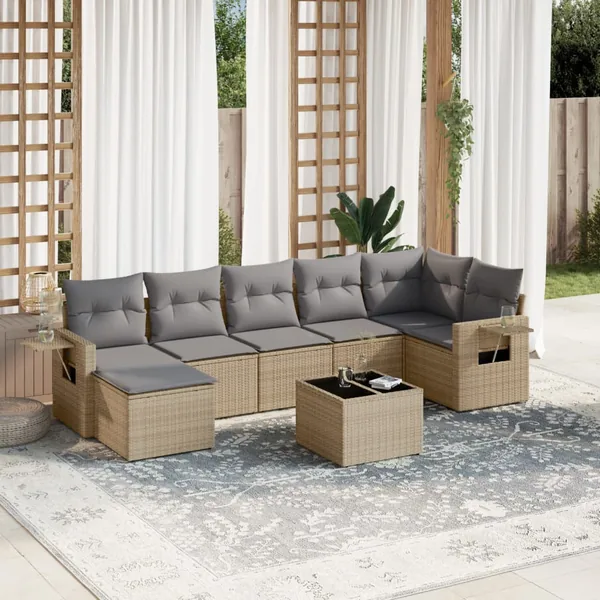 Salon de jardin avec coussins 8 pcs beige résine tressée