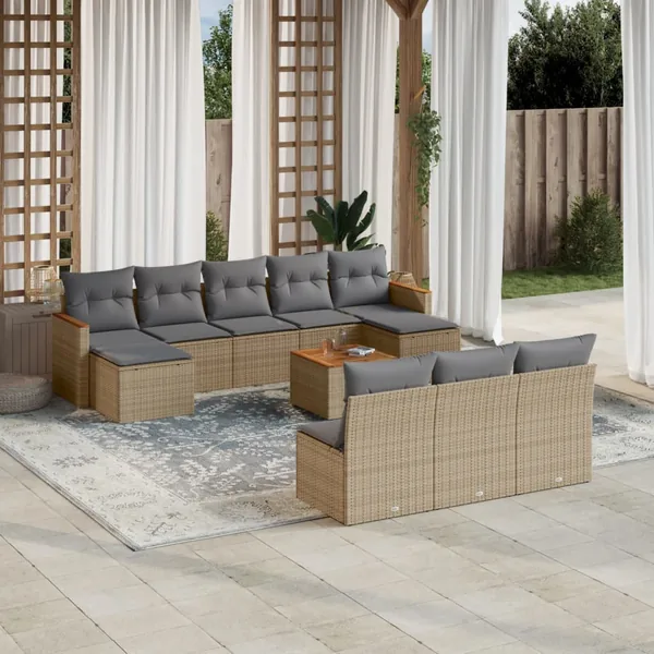 Salon de jardin 11 pcs avec coussins beige résine tressée