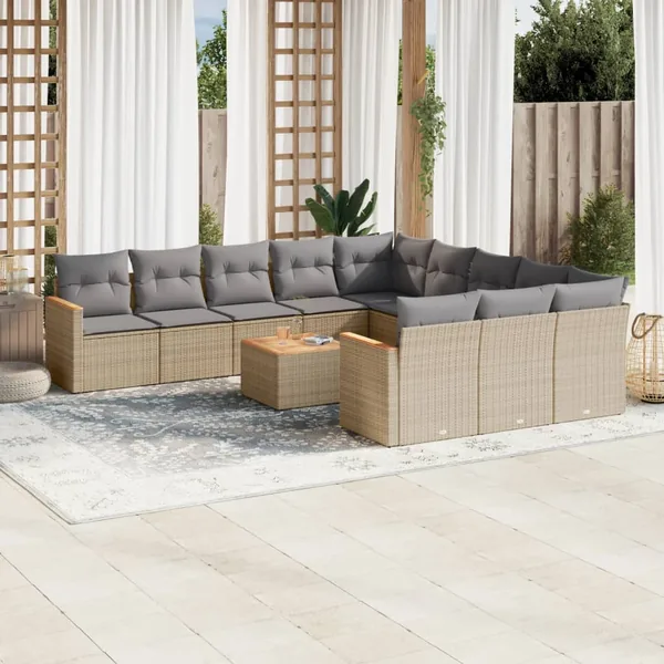Salon de jardin avec coussins 12 pcs beige résine tressée