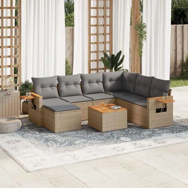 Salon de jardin avec coussins 8 pcs beige résine tressée