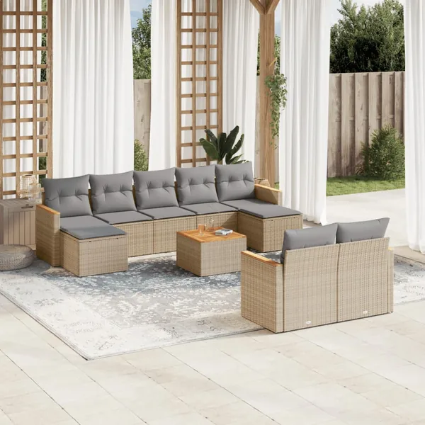 Salon de jardin avec coussins 10 pcs beige résine tressée
