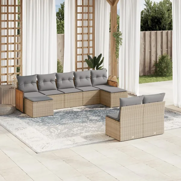 Salon de jardin avec coussins 9 pcs beige résine tressée
