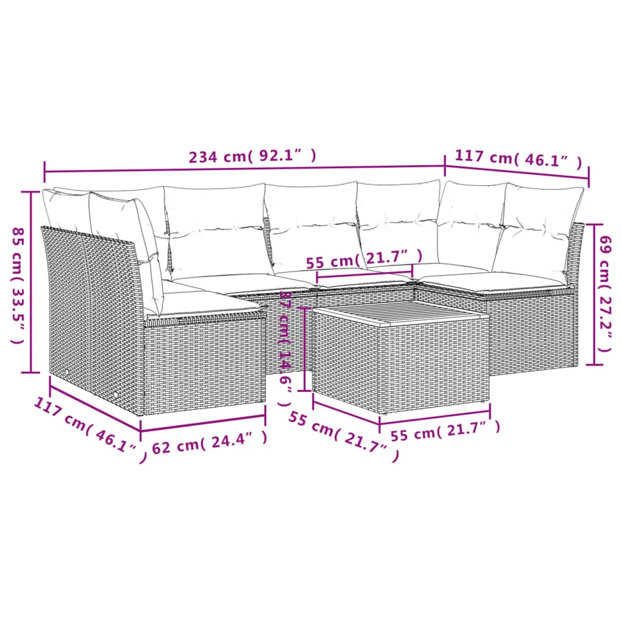 Salon de jardin 7 pcs avec coussins noir résine tressée 62 x 62 x 69 cm - 57,0 kg - 10