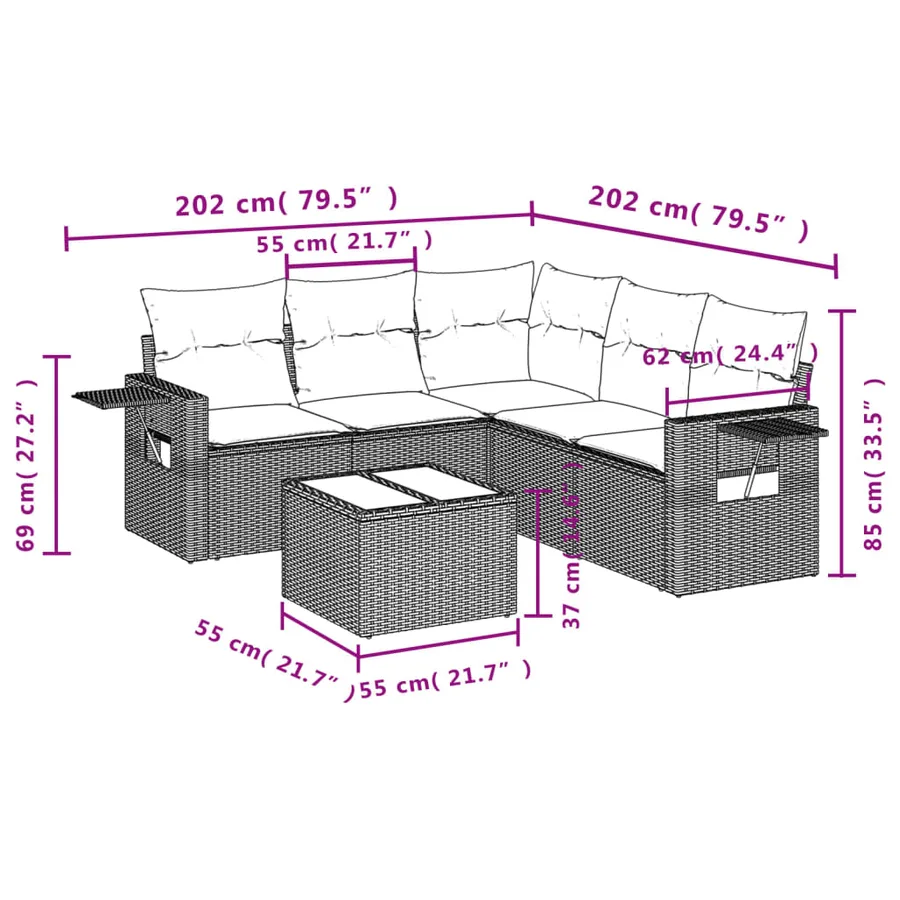 Salon de jardin 6 pcs avec coussins noir résine tressée - 3
