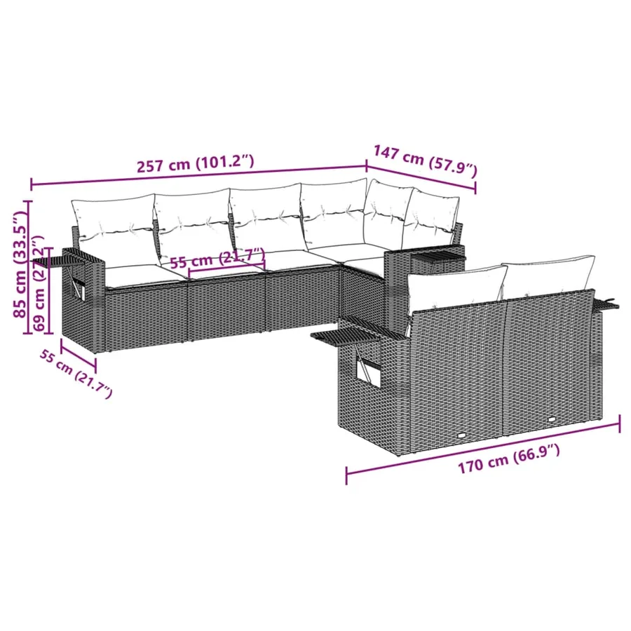 Salon de jardin 7 pcs avec coussins noir résine tressée 55 x 62 x 69 cm - 65,0 kg - 3