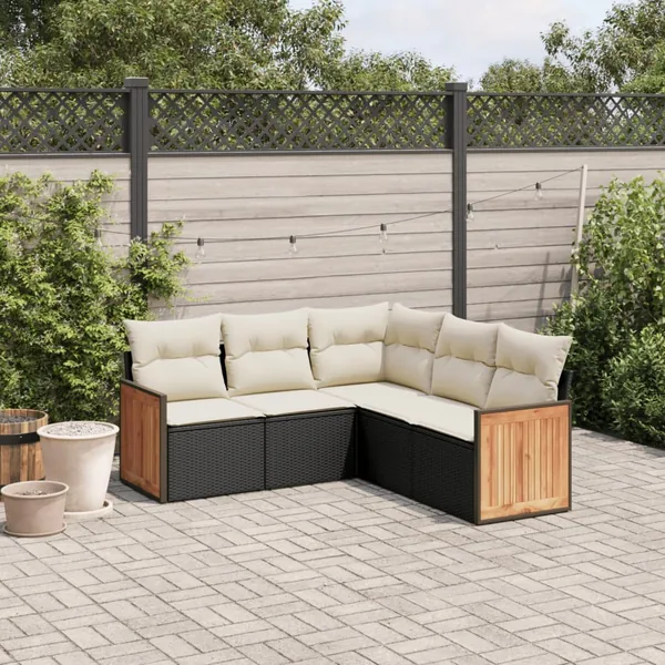 Salon de jardin 5 pcs avec coussins noir résine tressée