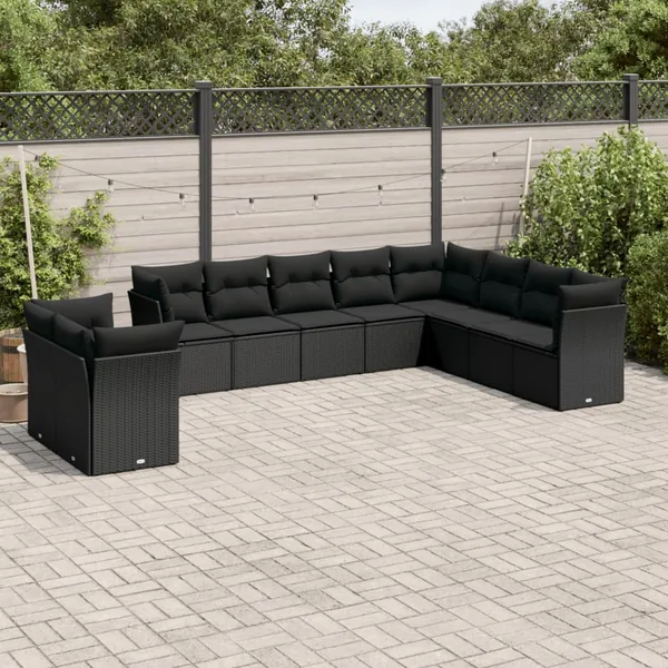 Salon de jardin 10 pcs avec coussins noir résine tressée