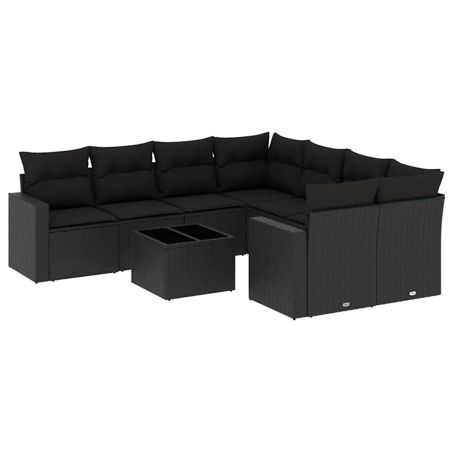 Salon de jardin 9 pcs avec coussins noir résine tressée - 2