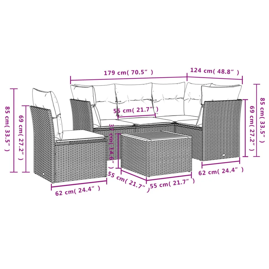 Salon de jardin 6 pcs avec coussins noir résine tressée - 10
