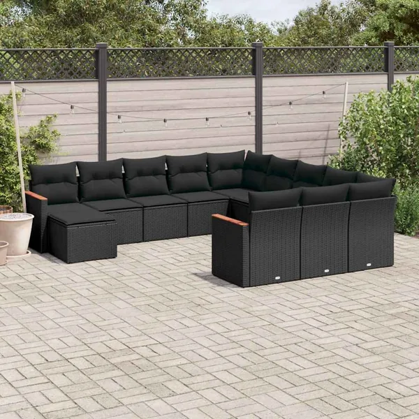 Salon de jardin 12 pcs avec coussins noir résine tressée