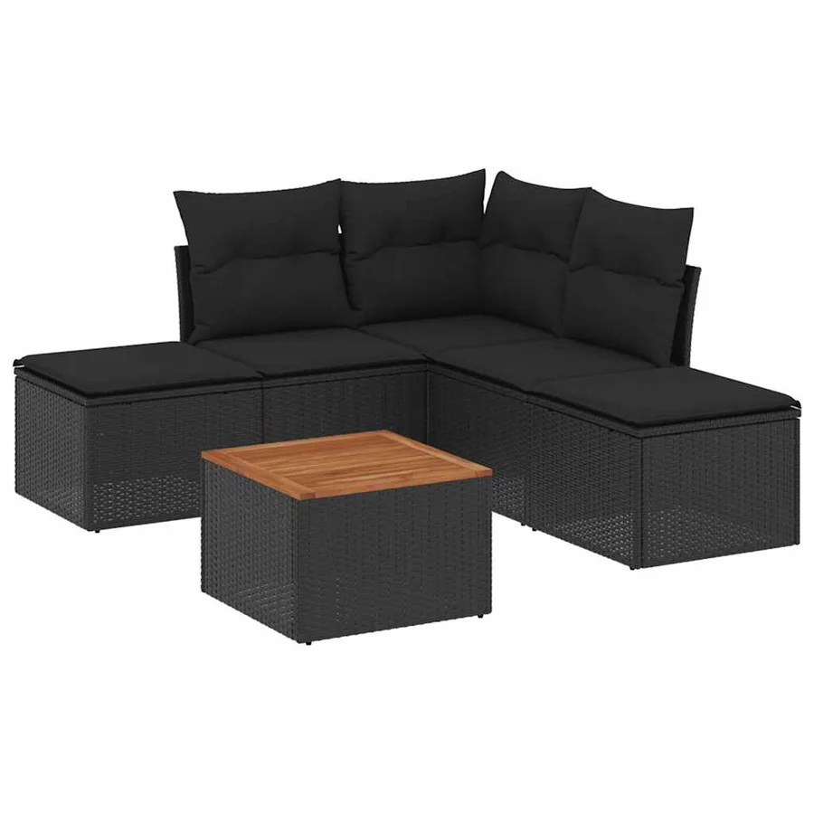 Salon de jardin 6 pcs avec coussins noir résine tressée - 2
