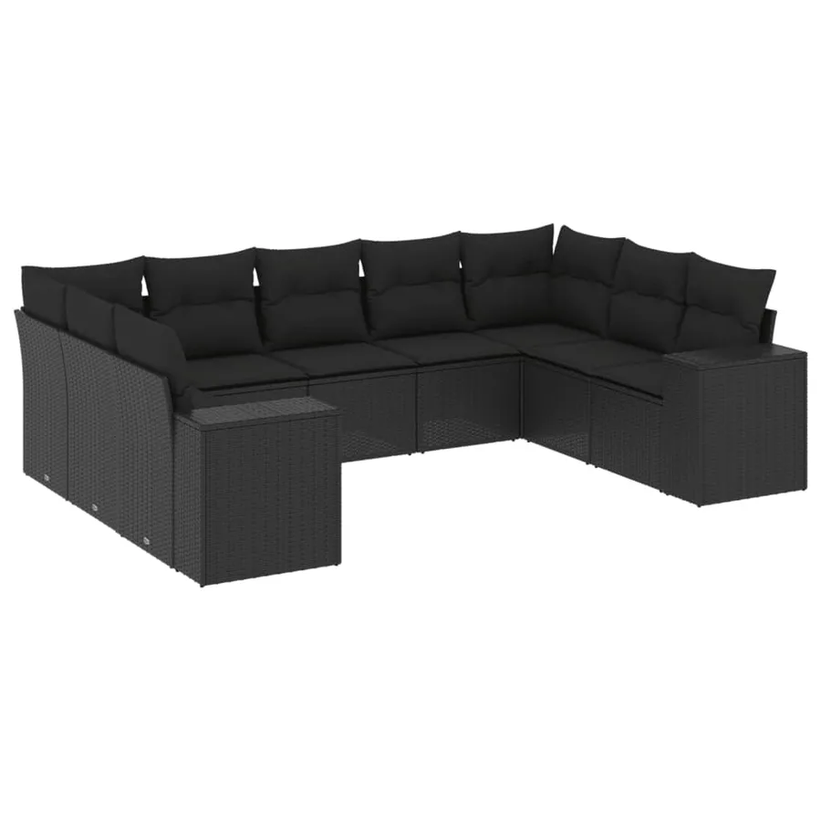 Salon de jardin 9 pcs avec coussins noir résine tressée - 2