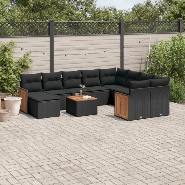 Salon de jardin 11 pcs avec coussins noir résine tressée